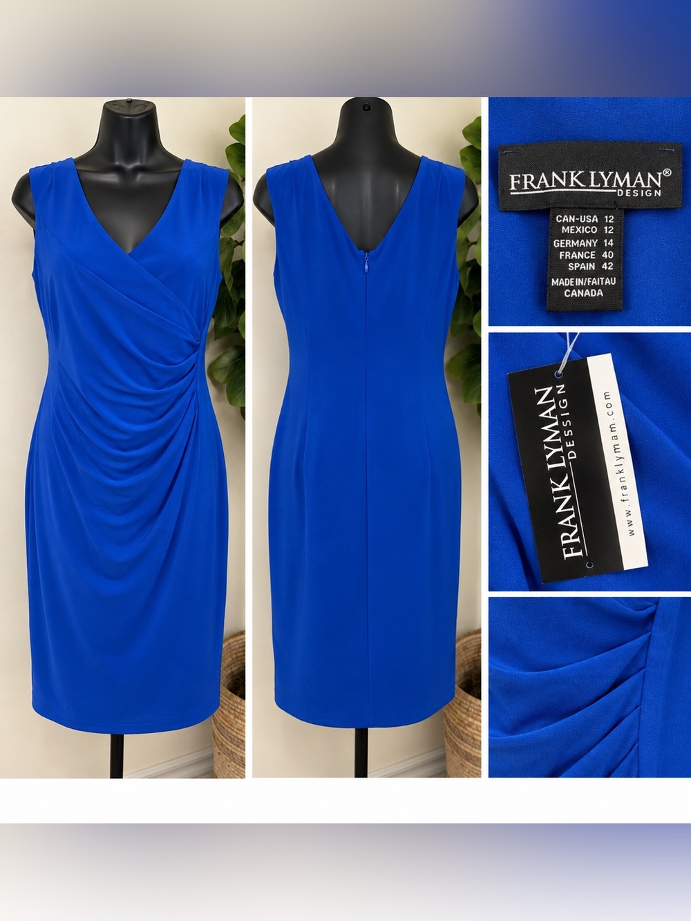 Frank Lyman Design Cobalt Blue Draped V-Neck Sheath Dress